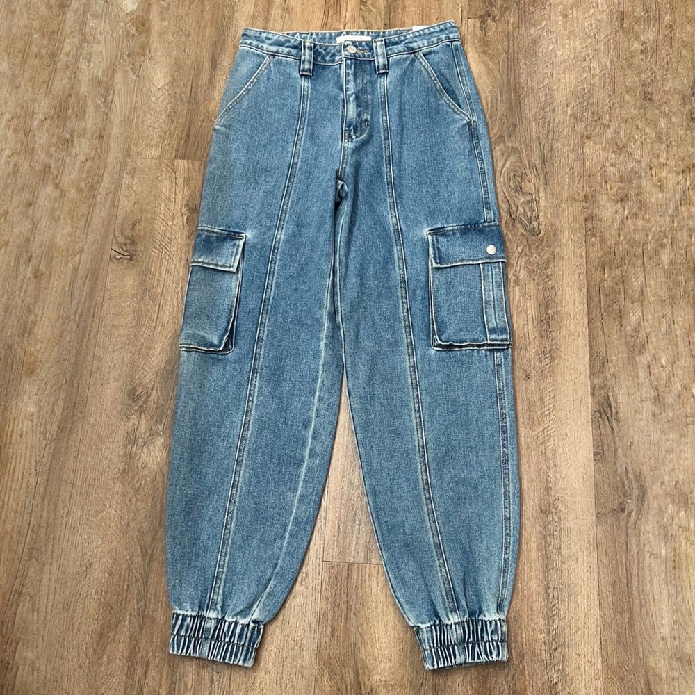 PacSun Baggy Cargo Jeans Blue Medium Wash High Rise Jogger Denim Jeans 26 NWT‎